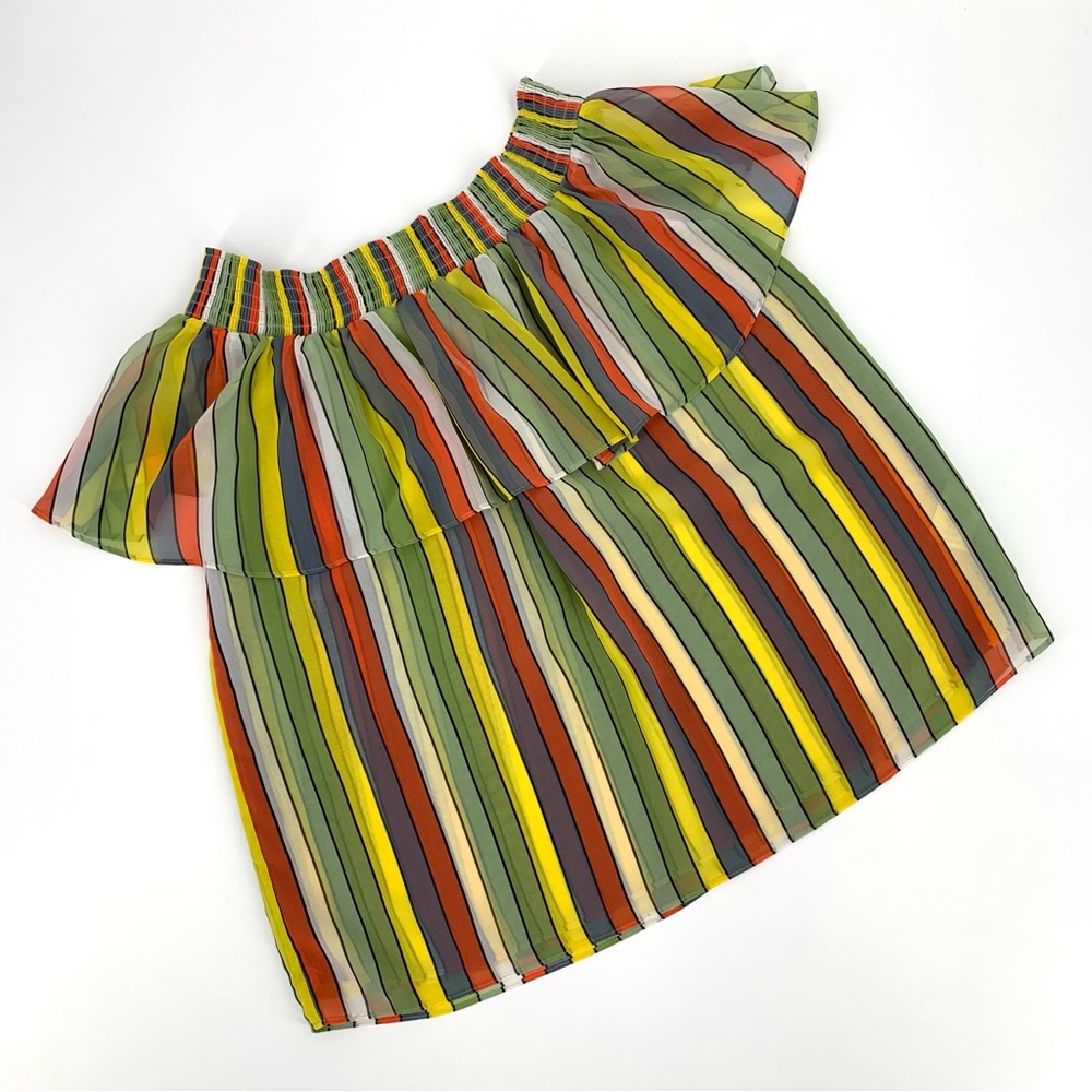 Cabi Carnival Top # 5389, Multicoloured Striped Elastic Shoulder Top, Small